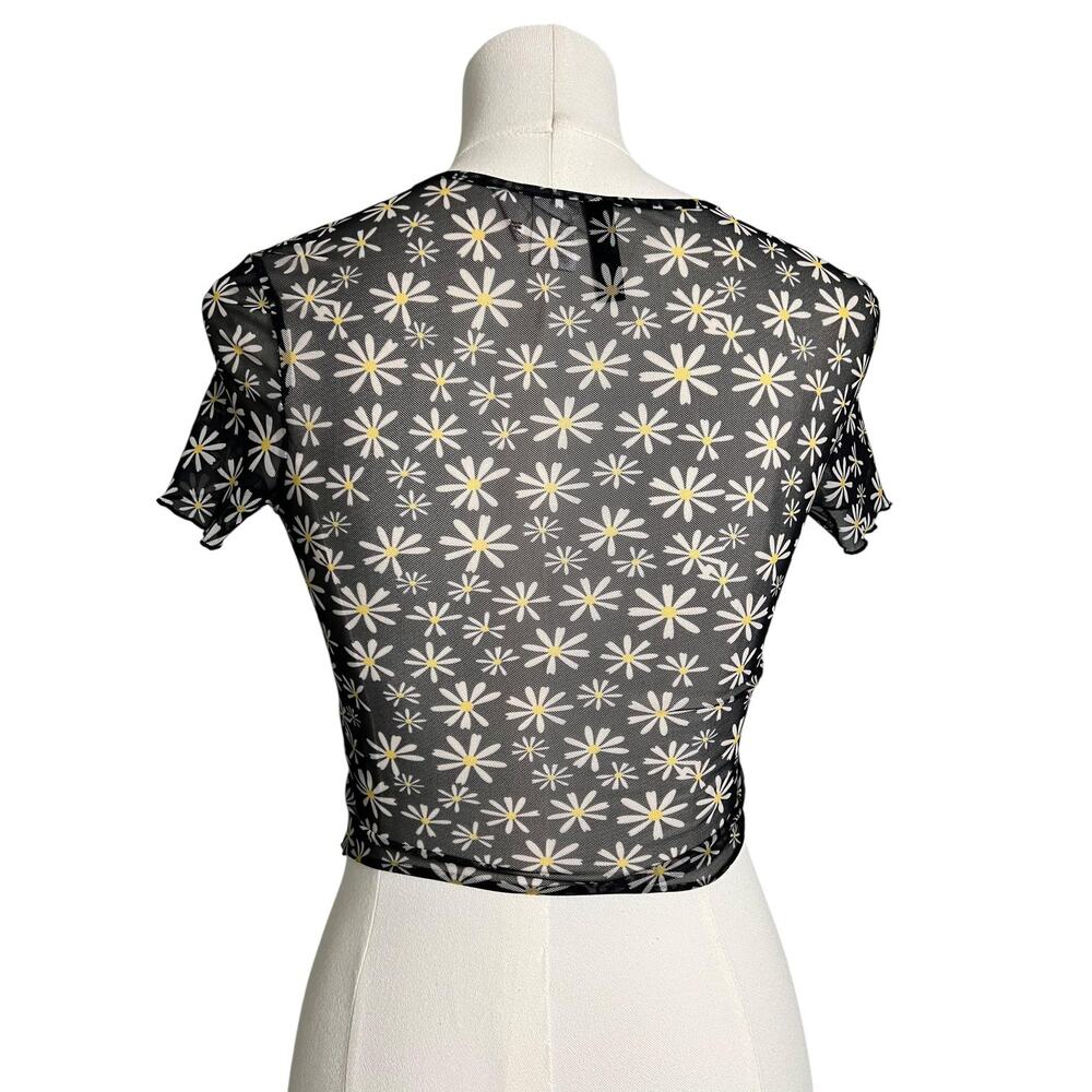 H&M Divided Mesh Crop T-Shirt Teens Small Black Daisy Floral Sheer Festival - Picture 4 of 7